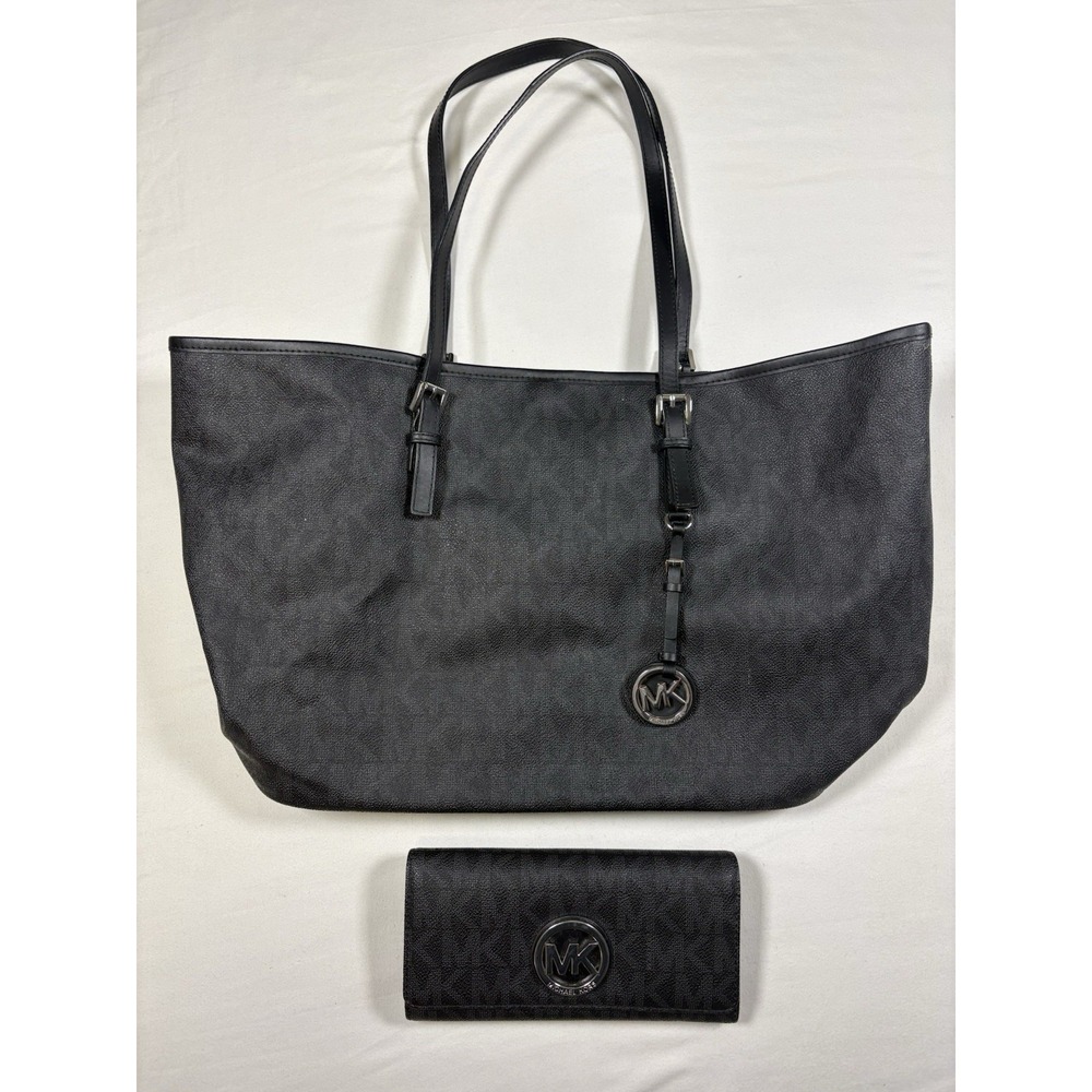 Michael Kors Tote Bag and Wallet Set Black Signature Monogram 2pc Bundle